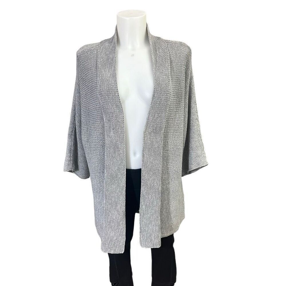 Eileen Fisher Gray Kimono 3/4 Sleeve Open Front Knit‎ Cardigan Sweater sz XL